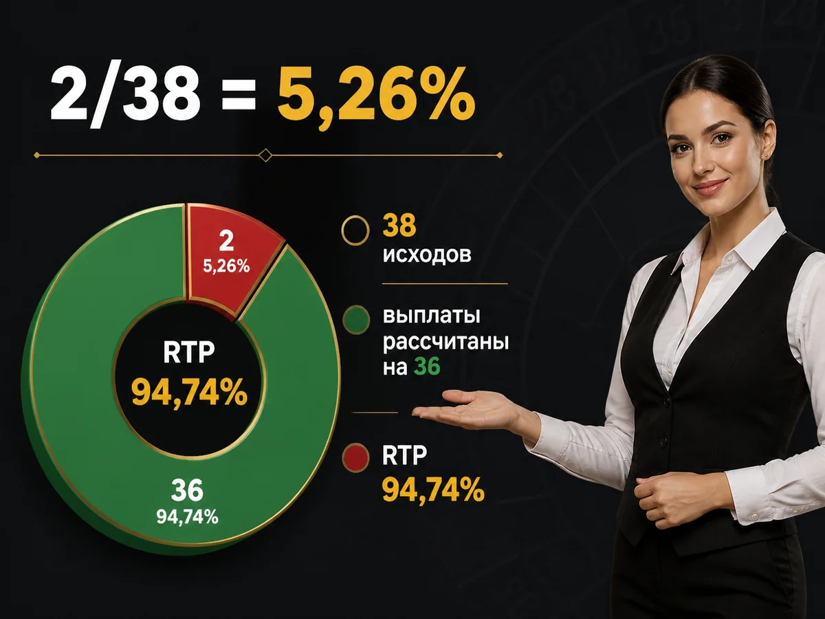 Схема «2/38 = 5,26%»: 38 исходов, выплаты рассчитаны на 36. RTP 94,74%