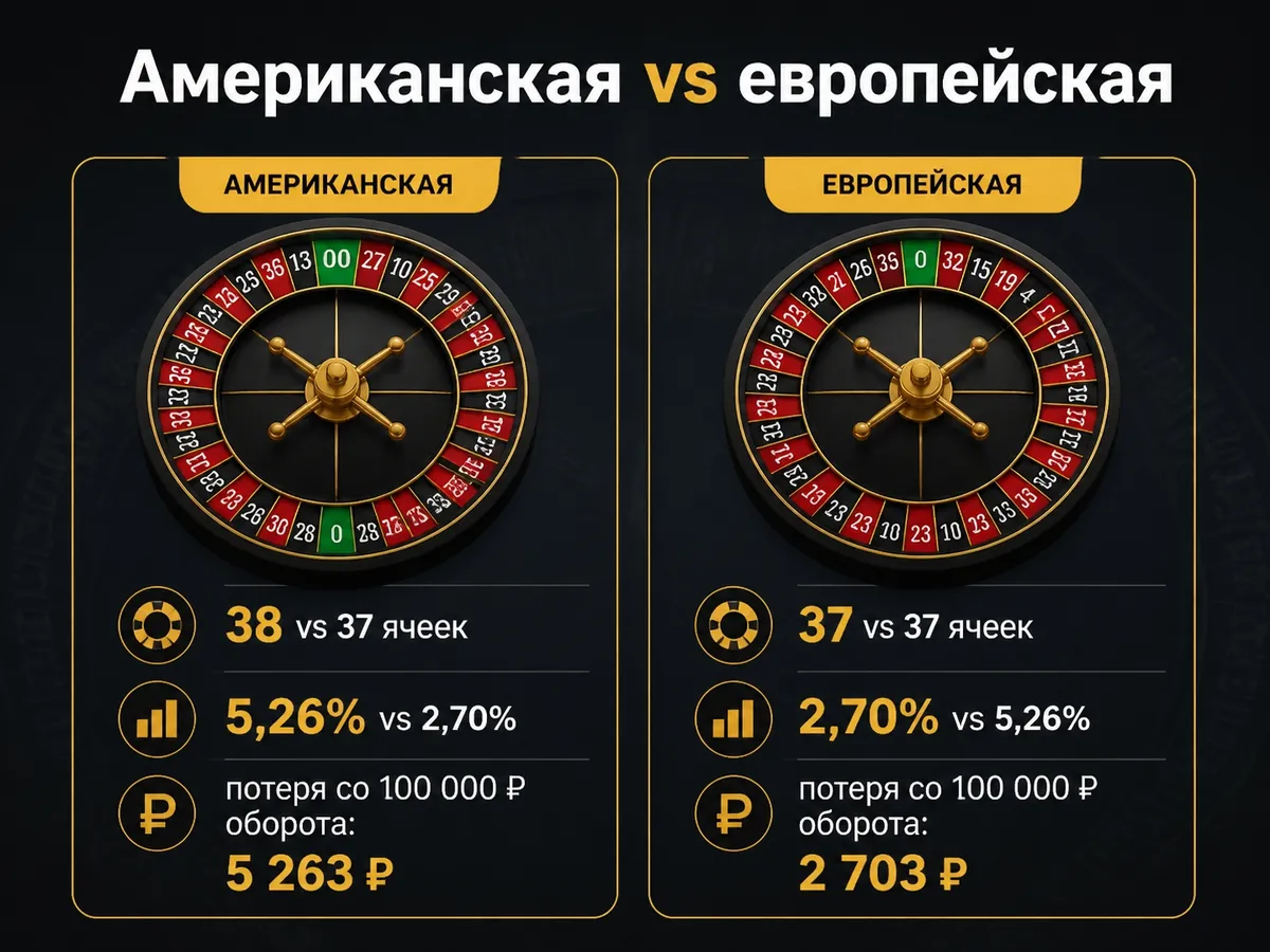 Схема «Американская vs европейская»: 38 vs 37 ячеек, 5,26% vs 2,70%, потеря со 100 000 ₽ оборота: 5 263 ₽ vs 2 703 ₽