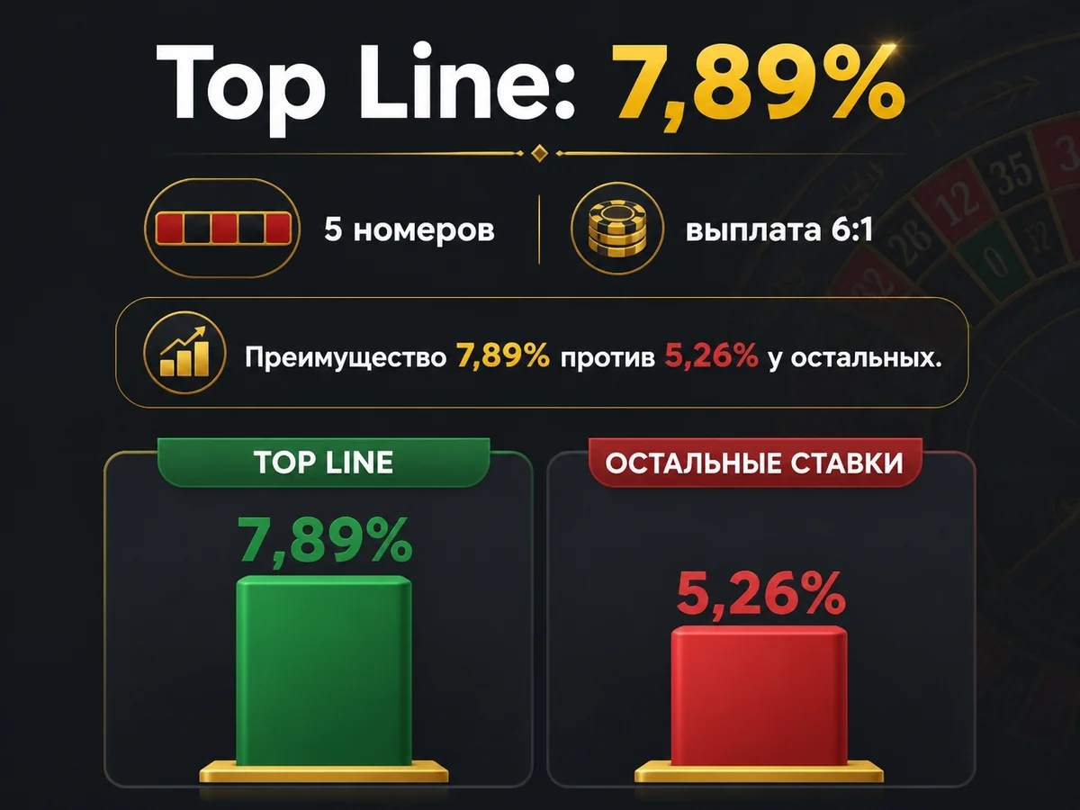 Схема «Top Line»: 7,89%: 5 номеров, выплата 6:1. Преимущество 7,89% против 5,26% у остальных