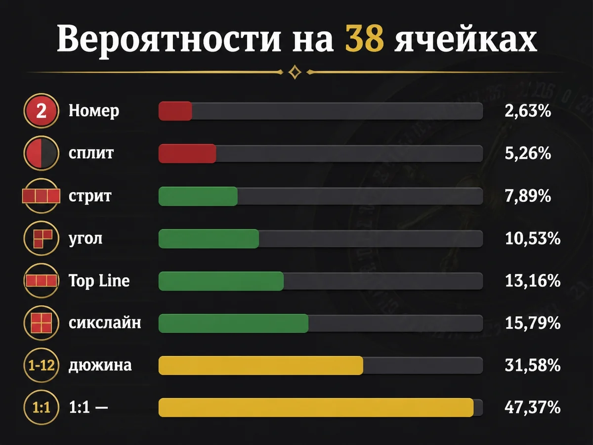 Схема «Вероятности на 38 ячейках»: Номер 2,63%, сплит 5,26%, стрит 7,89%, угол 10,53%, Top Line 13,16%, сикслайн 15,79%, дюжина 31