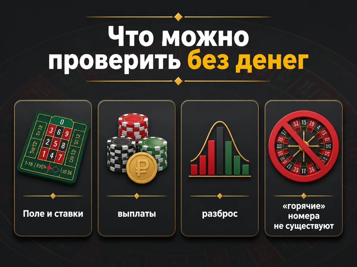 Схема «Что можно проверить без денег»: Поле и ставки, выплаты, разброс, «горячие» номера не существуют