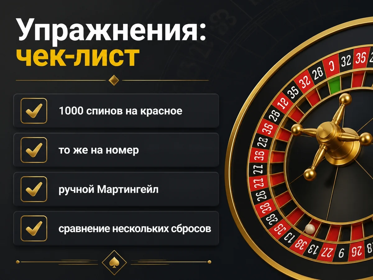 Схема «Упражнения»: чек-лист: 1000 спинов на красное, то же на номер, ручной Мартингейл, сравнение нескольких сбросов
