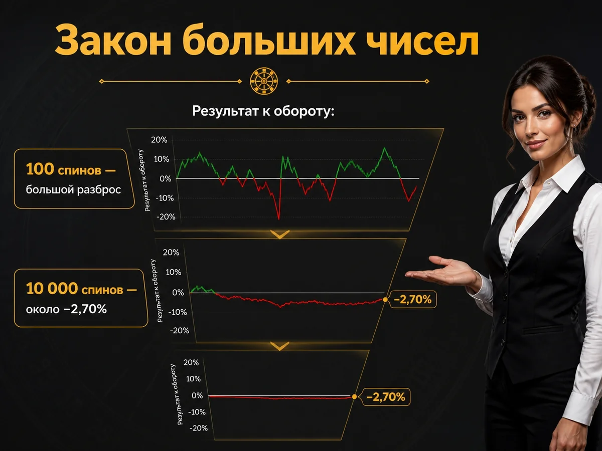 Схема «Закон больших чисел»: Результат к обороту: 100 спинов — большой разброс, 10 000 спинов — около −2,70%