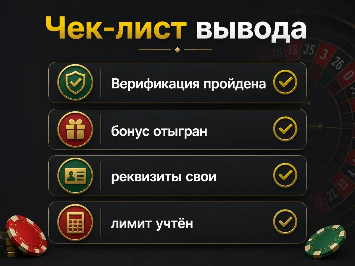 Схема «Чек-лист вывода»: Верификация пройдена, бонус отыгран, реквизиты свои, лимит учтён