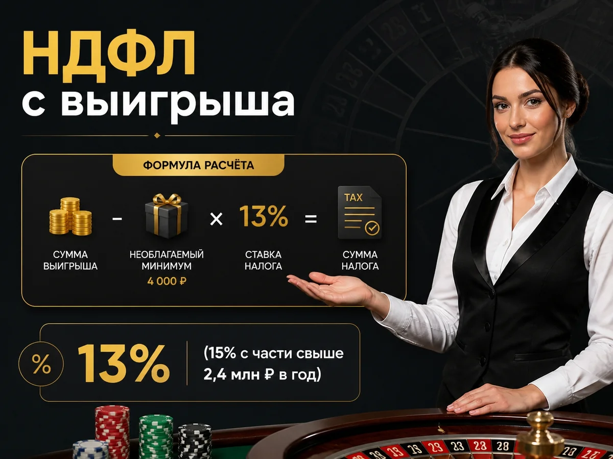 Схема «НДФЛ с выигрыша»: 13%, с части дохода свыше 2,4 млн ₽ в год — 15%