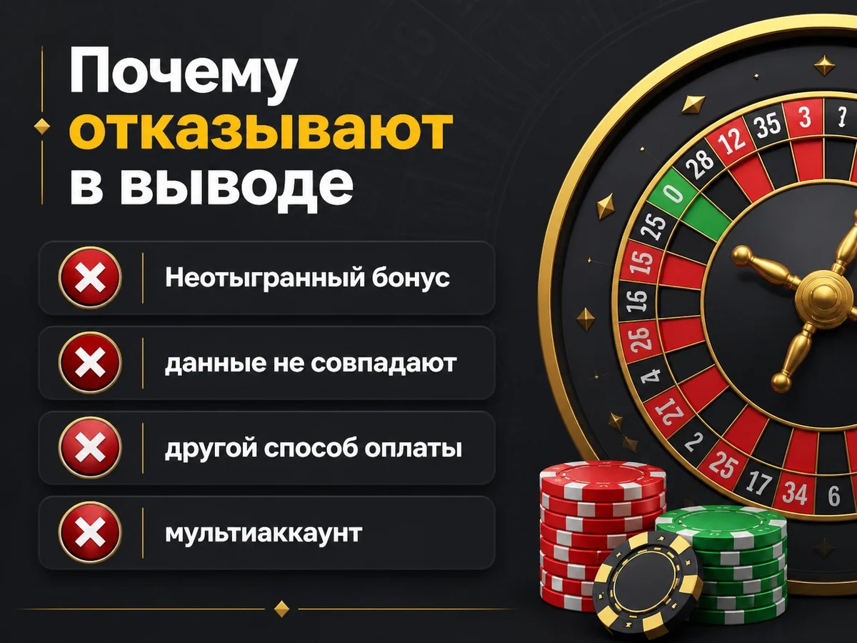 Схема «Почему отказывают в выводе»: Неотыгранный бонус, данные не совпадают, другой способ оплаты, мультиаккаунт
