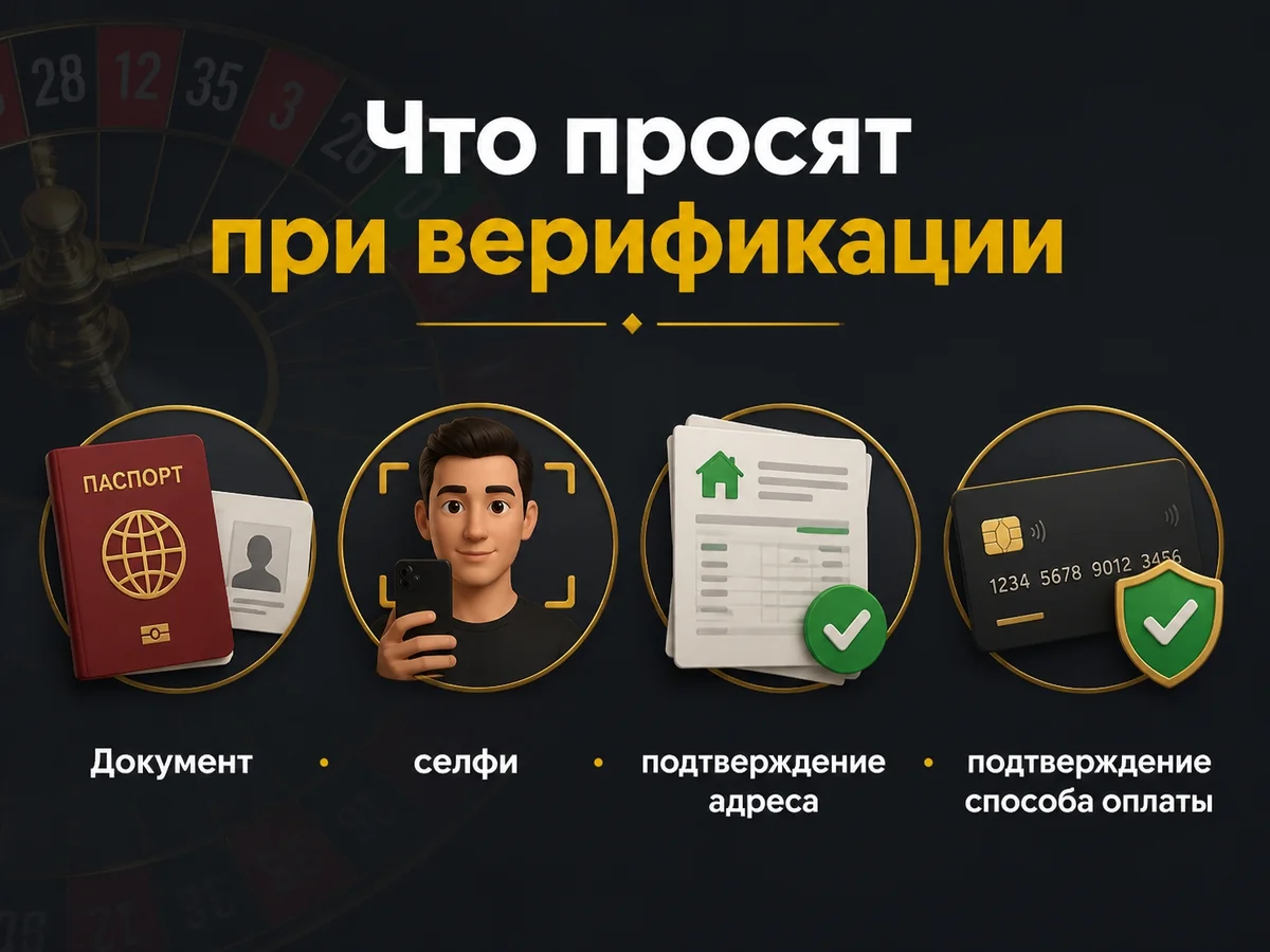Схема «Что просят при верификации»: Документ, селфи, подтверждение адреса, подтверждение способа оплаты