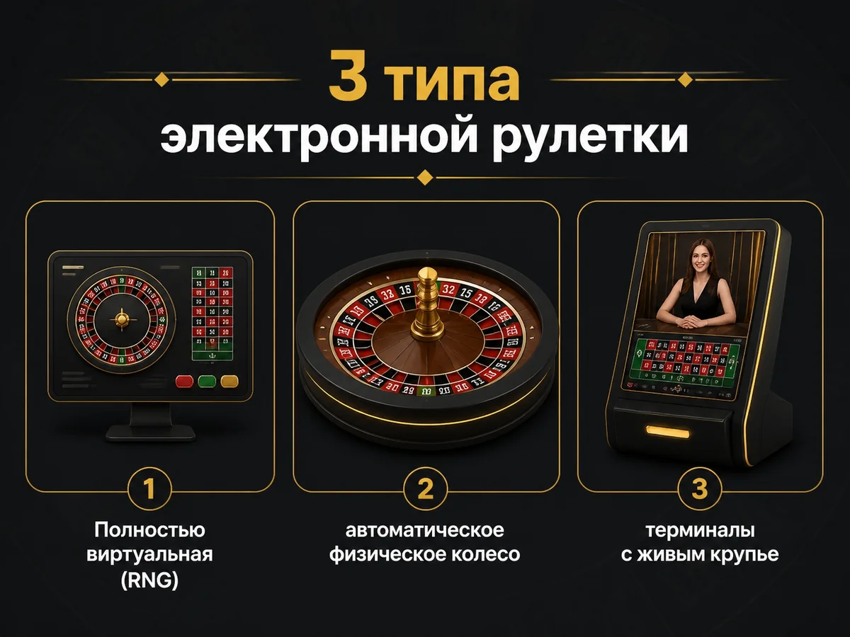 Схема «3 типа электронной рулетки»: Полностью виртуальная, автоматическое физическое колесо, терминалы с живым крупье