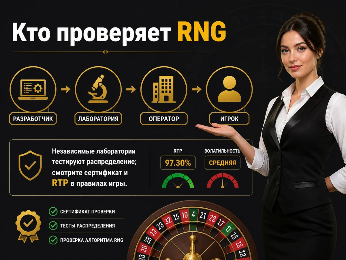 Схема «Кто проверяет RNG»: Независимые лаборатории тестируют распределение; смотрите сертификат и RTP в правилах игры