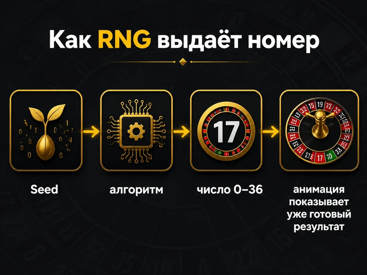 Схема «Как RNG выдаёт номер»: Seed — алгоритм — число 0–36 — анимация показывает уже готовый результат