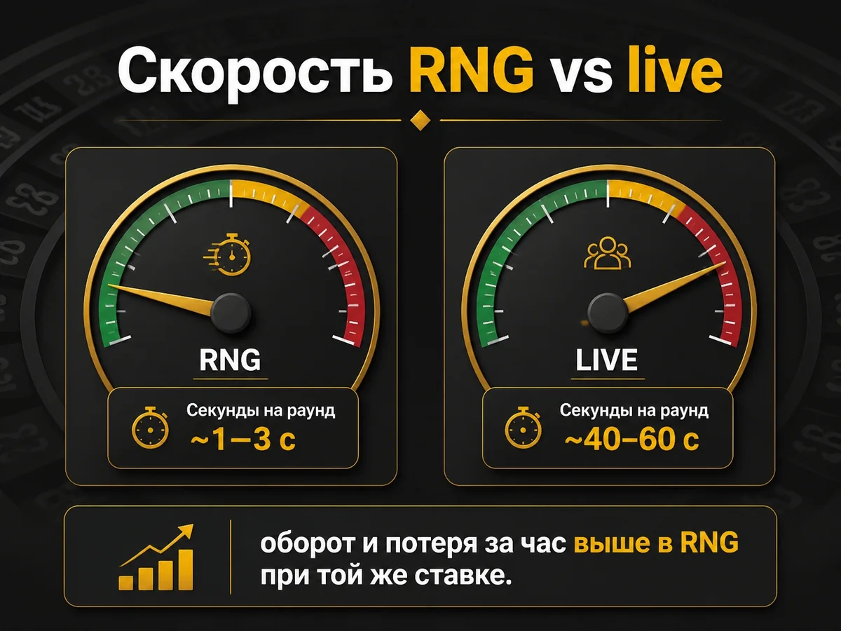 Схема «Скорость RNG vs live»: Секунды на раунд против ~40–60 с; оборот и потеря за час выше в RNG при той же ставке