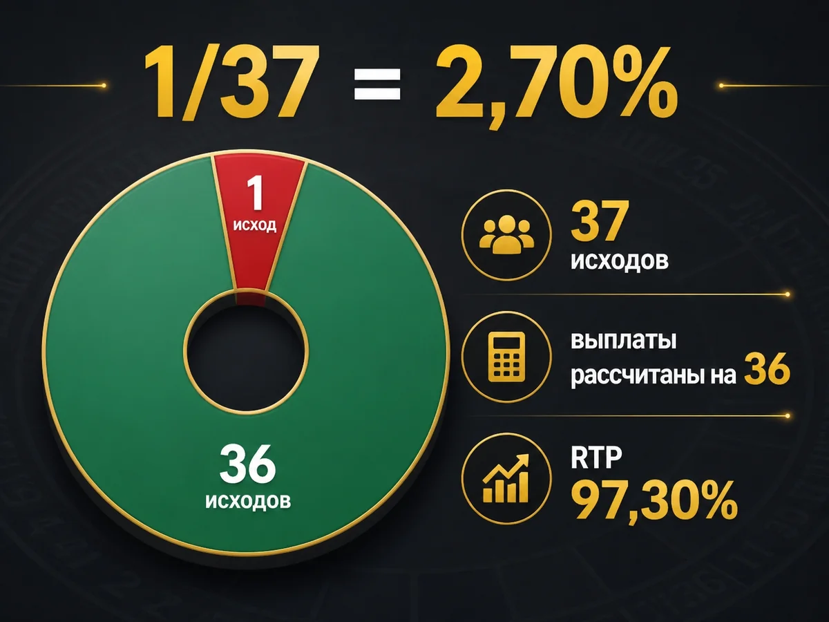 Схема «1/37 = 2,70%»: 37 исходов, выплаты рассчитаны на 36. RTP 97,30%
