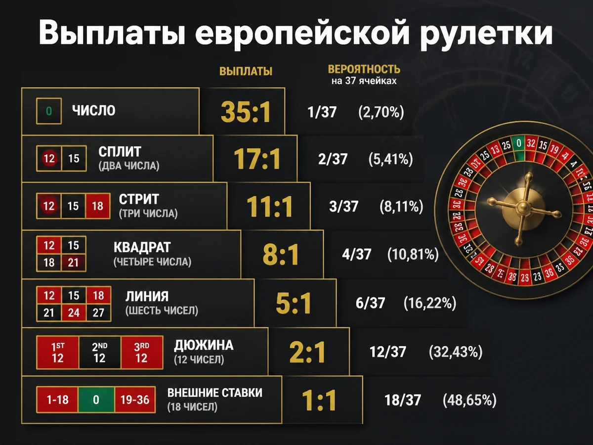 Схема «Выплаты европейской рулетки»: 35:1, 17:1, 11:1, 8:1, 5:1, 2:1, 1:1 + вероятности на 37 ячейках
