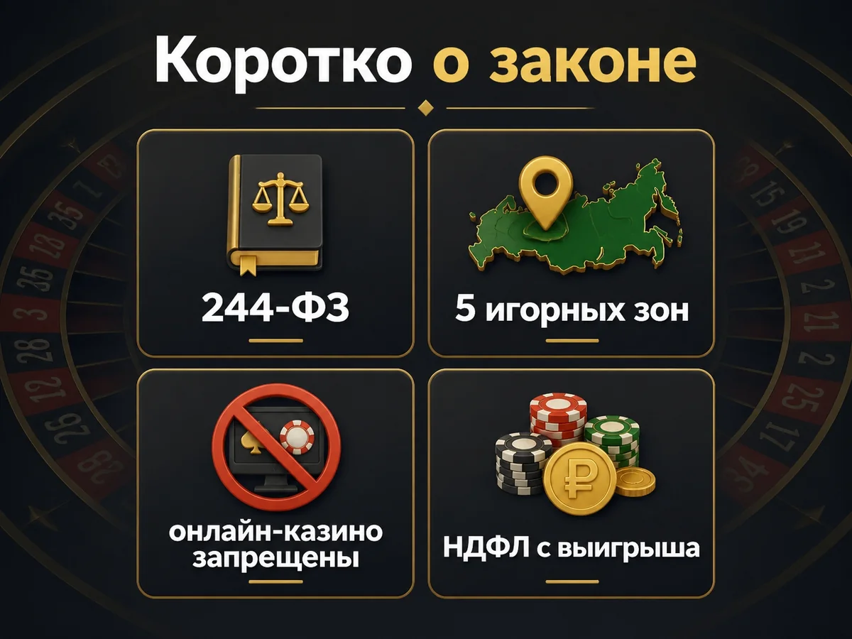 Схема «Коротко о законе»: 244-ФЗ, 5 игорных зон, онлайн-казино запрещены, НДФЛ с выигрыша
