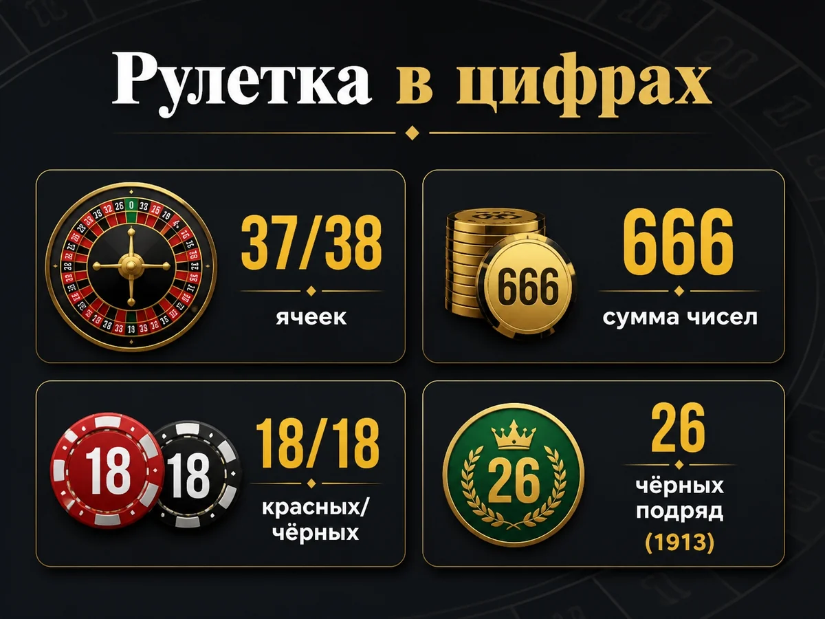 Схема «Рулетка в цифрах»: 37/38 ячеек, сумма чисел 666, 18 красных/18 чёрных, рекорд 26 чёрных подряд
