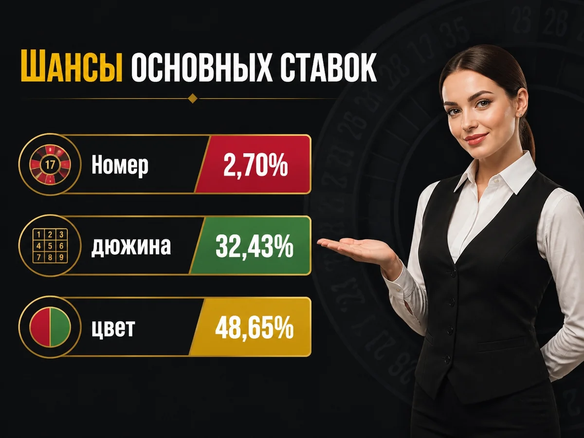 Схема «Шансы основных ставок»: Номер 2,70%, дюжина 32,43%, цвет 48,65%