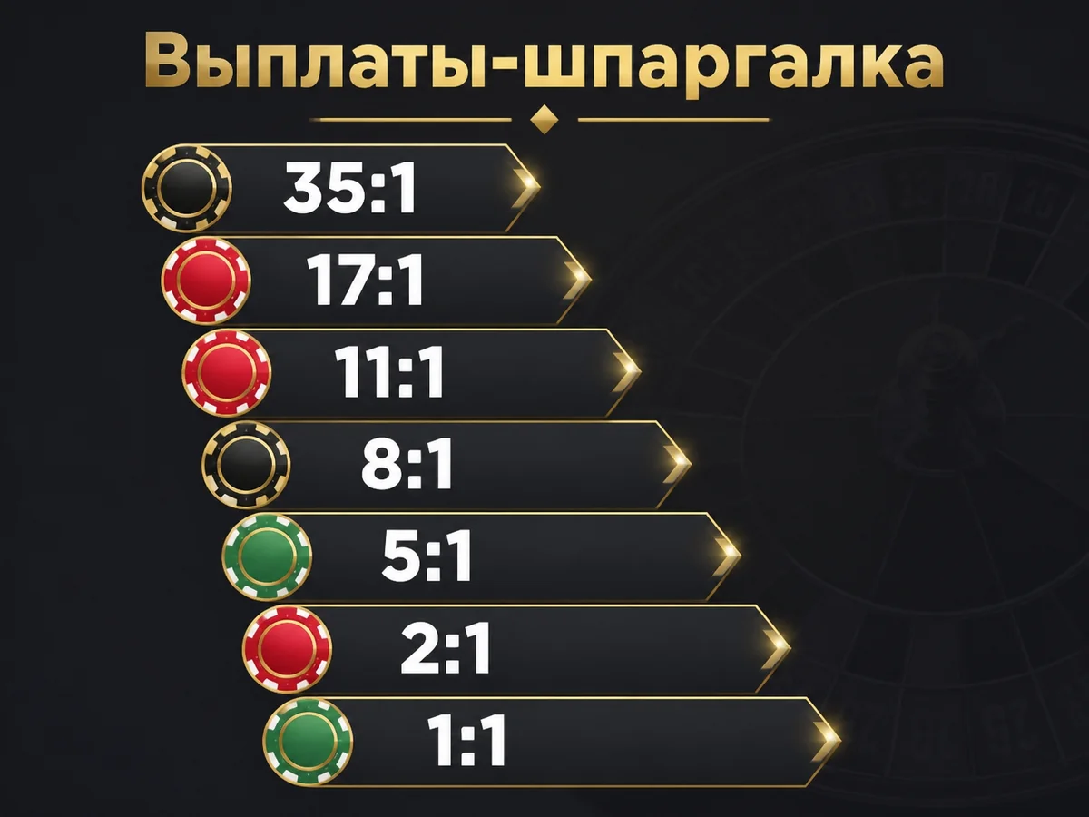 Схема «Выплаты-шпаргалка»: 35:1, 17:1, 11:1, 8:1, 5:1, 2:1, 1:1