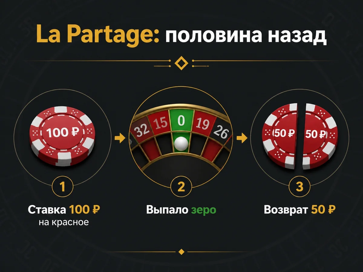 Схема «La Partage»: половина назад: Ставка 100 ₽ на красное, выпало зеро — возврат 50 ₽