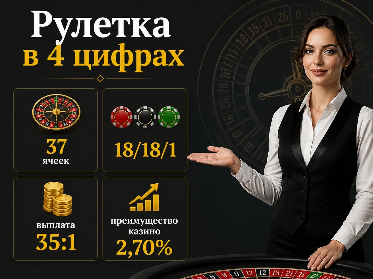Схема «Рулетка в 4 цифрах»: 37 ячеек, 18/18/1, выплата 35:1, преимущество казино 2,70%