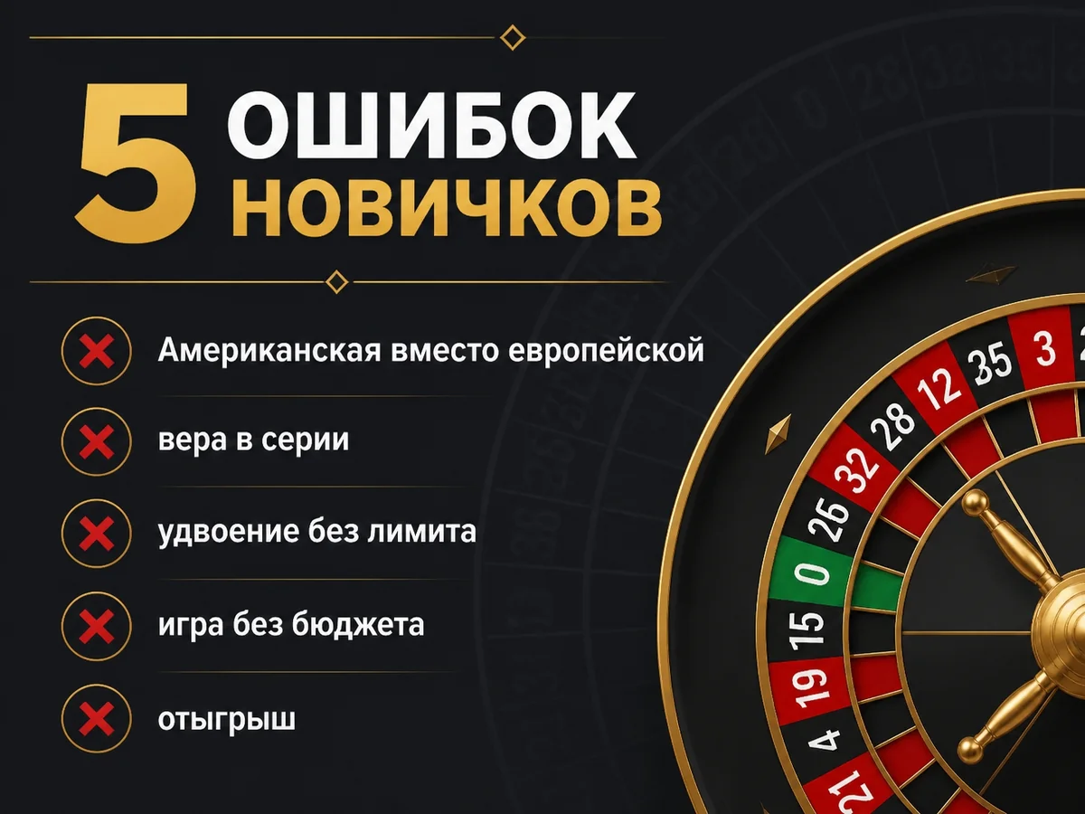 Схема «5 ошибок новичков»: Американская вместо европейской, вера в серии, удвоение без лимита, игра без бюджета, отыгрыш