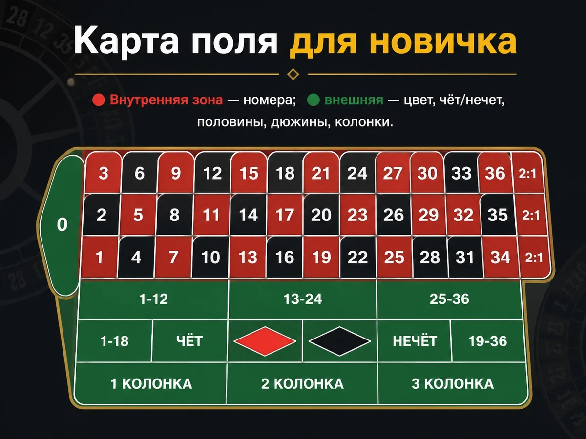 Схема «Карта поля для новичка»: Внутренняя зона — номера; внешняя — цвет, чёт/нечет, половины, дюжины, колонки