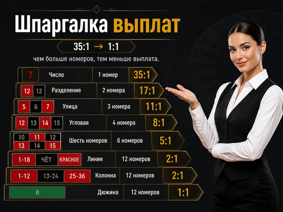 Схема «Шпаргалка выплат»: 35:1 — 1:1, чем больше номеров, тем меньше выплата