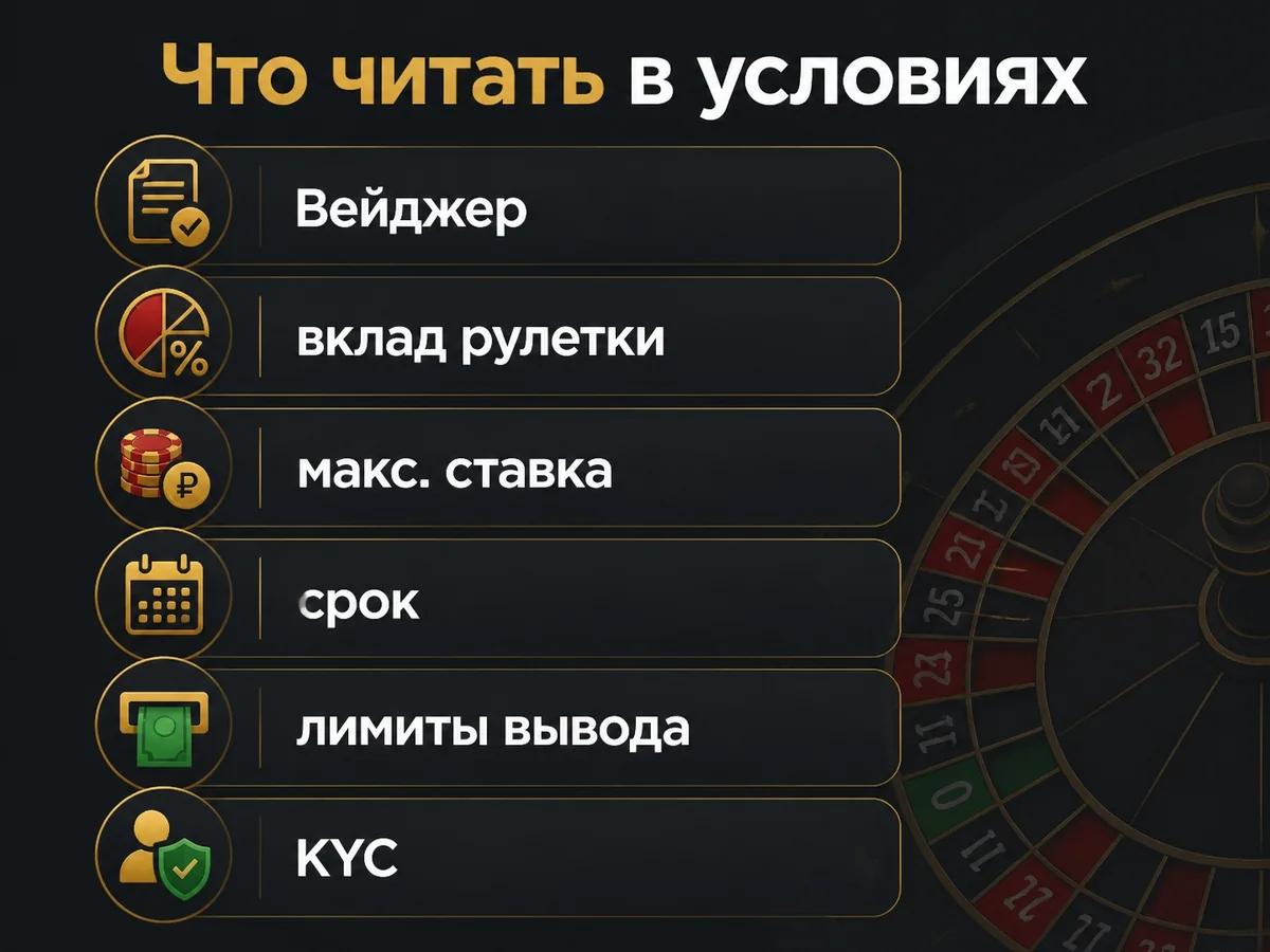 Схема «Что читать в условиях»: Вейджер, вклад рулетки, макс. ставка, срок, лимиты вывода, KYC