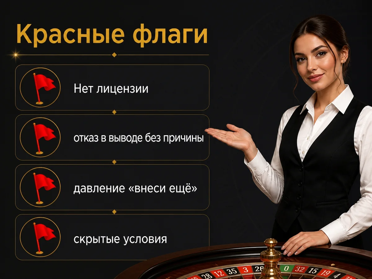 Схема «Красные флаги»: Нет лицензии, отказ в выводе без причины, давление «внеси ещё», скрытые условия