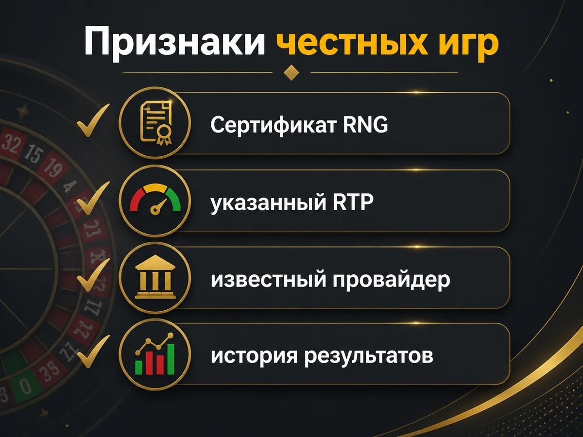 Схема «Признаки честных игр»: Сертификат RNG, указанный RTP, известный провайдер, история результатов