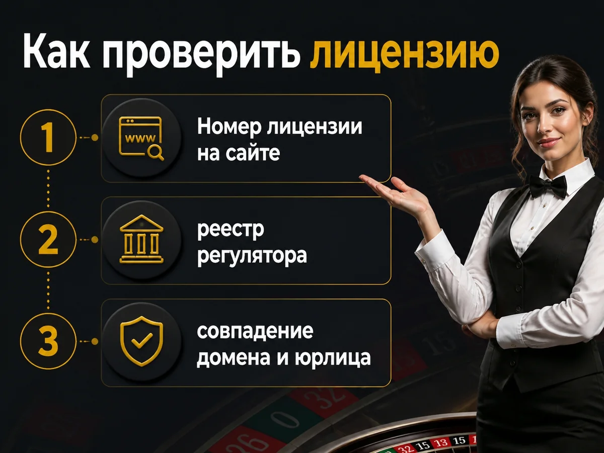 Схема «Как проверить лицензию»: Номер лицензии на сайте — реестр регулятора — совпадение домена и юрлица