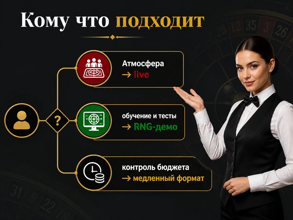 Схема «Кому что подходит»: Атмосфера — live; обучение и тесты — RNG-демо; контроль бюджета — медленный формат