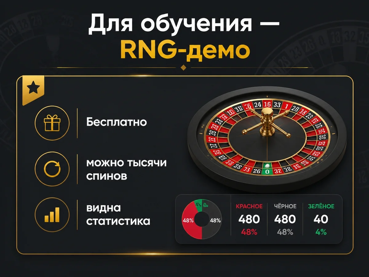 Схема «Для обучения — RNG-демо»: Бесплатно, можно тысячи спинов, видна статистика