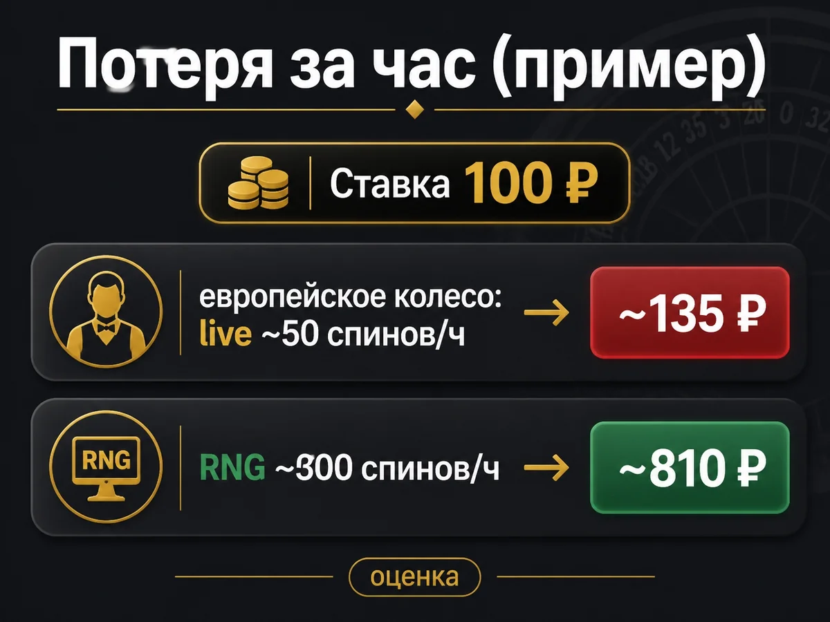 Схема «Потеря за час (пример)»: Ставка 100 ₽, европейское колесо: live ~50 спинов/ч — ~135 ₽; RNG ~300 спинов/ч — ~810 ₽