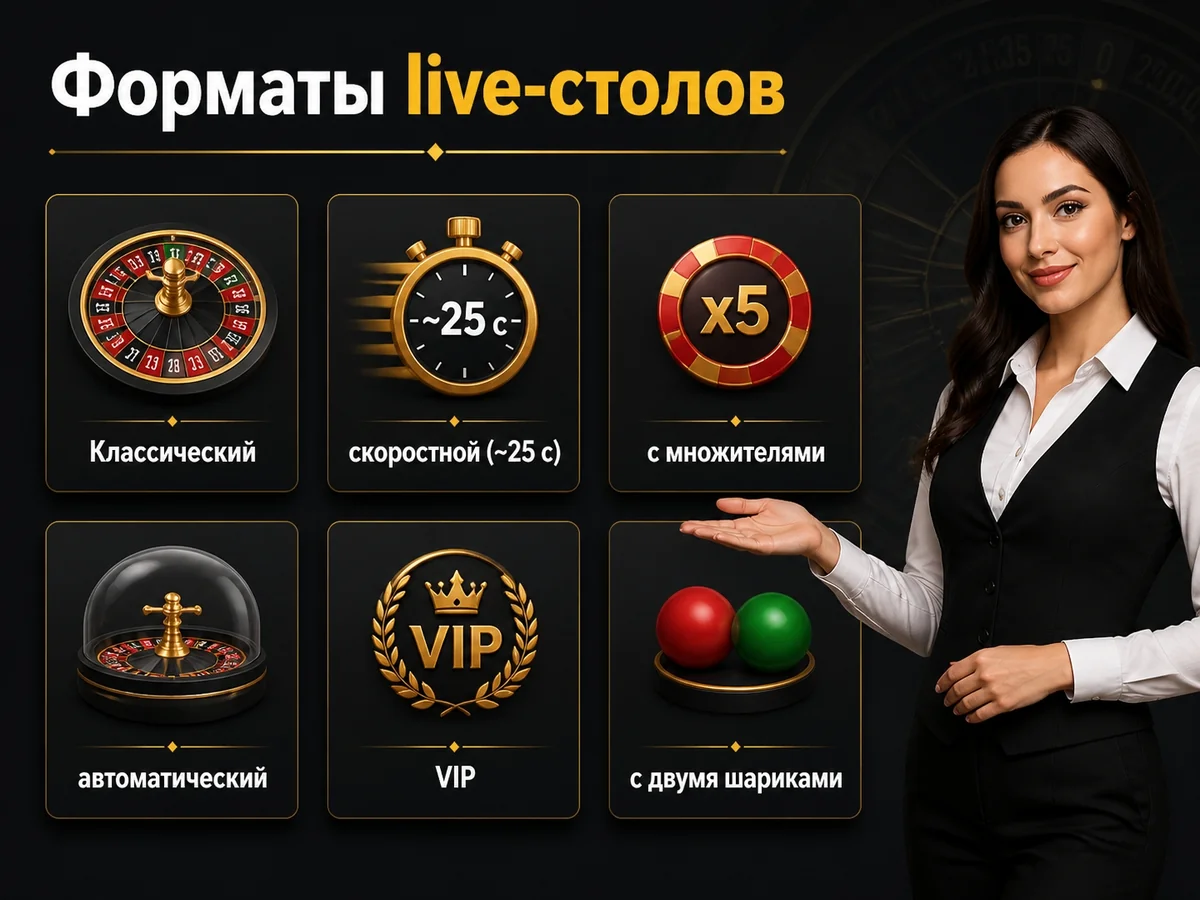Схема «Форматы live-столов»: Классический, скоростной, с множителями, автоматический, VIP, с двумя шариками