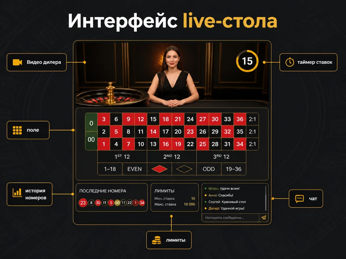 Схема «Интерфейс live-стола»: Видео дилера, таймер ставок, поле, история номеров, лимиты, чат