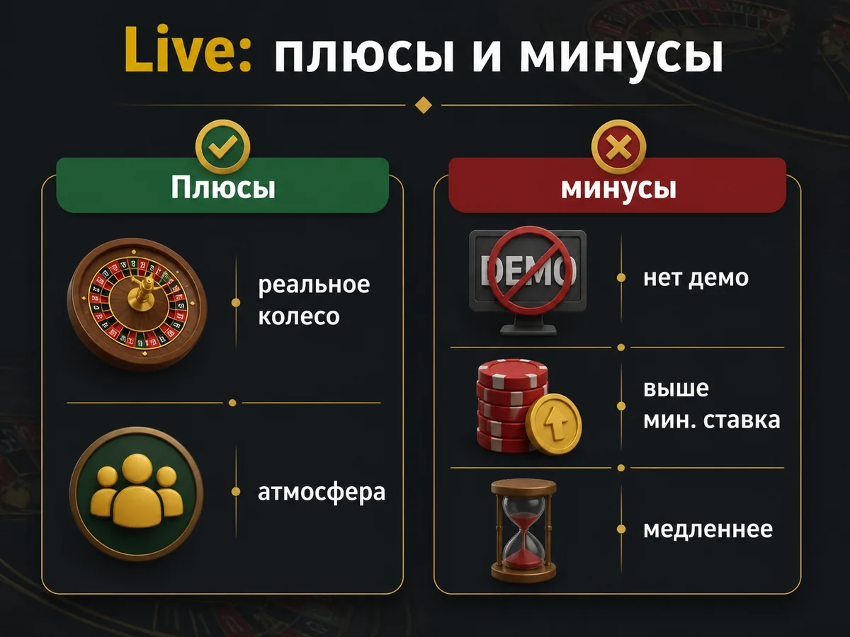 Схема «Live»: плюсы и минусы: Плюсы: реальное колесо, атмосфера, минусы: нет демо, выше мин. ставка, медленнее