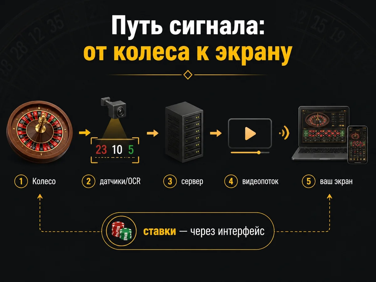 Схема «Путь сигнала»: от колеса к экрану: Колесо — датчики/OCR — сервер — видеопоток — ваш экран; ставки — через интерфейс