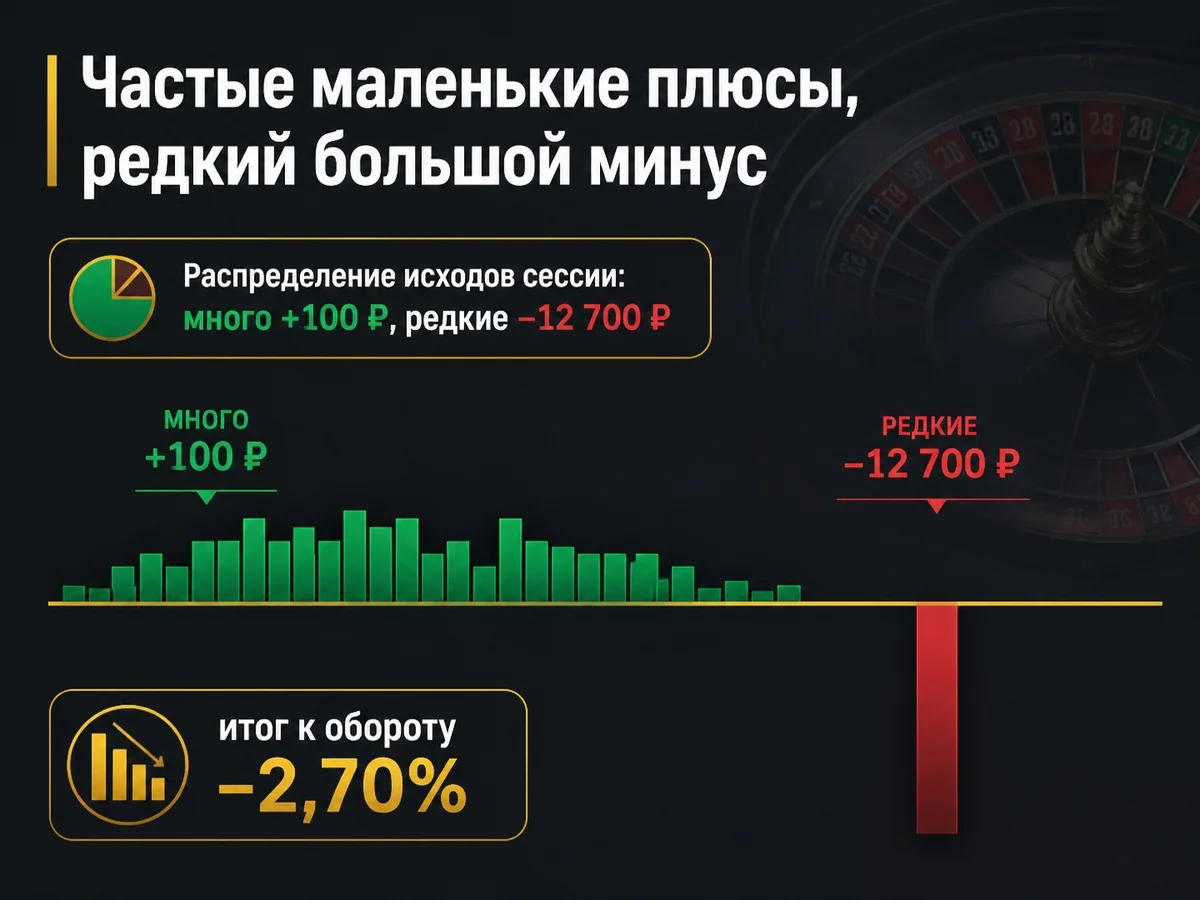 Схема «Частые маленькие плюсы, редкий большой минус»: Распределение исходов сессии: много +100 ₽, редкие −12 700 ₽