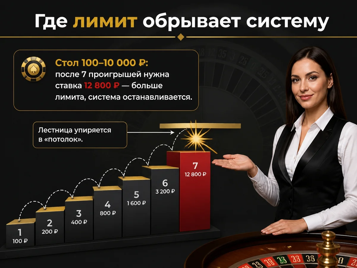 Схема «Где лимит обрывает систему»: Стол 100–10 000 ₽: после 7 проигрышей нужна ставка 12 800 ₽ — больше лимита