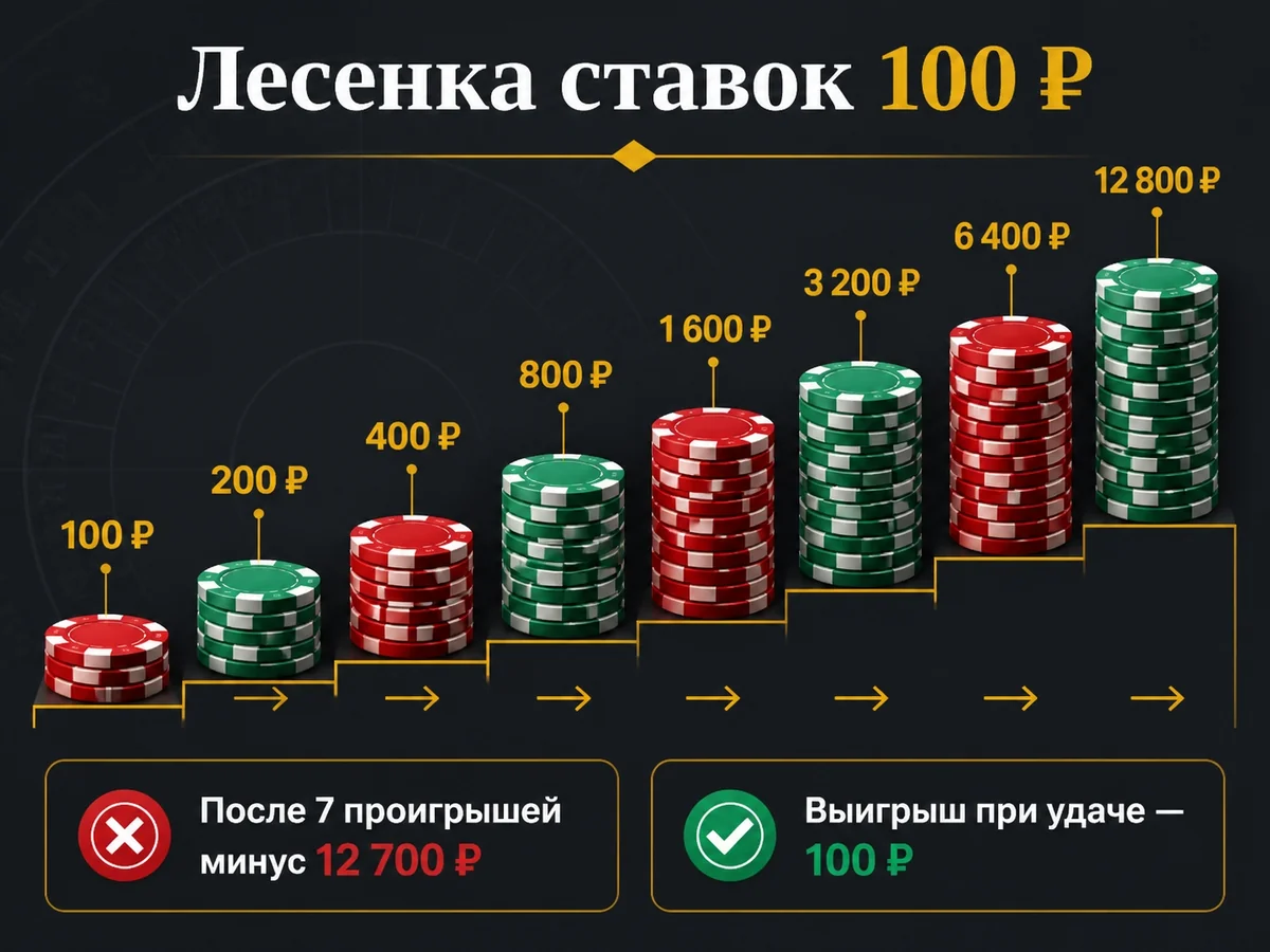 Схема «Лесенка ставок 100 ₽»: 100 — 200 — 400 — 800 — 1 600 — 3 200 — 6 400 — 12 800 ₽. После 7 проигрышей минус 12 700 ₽