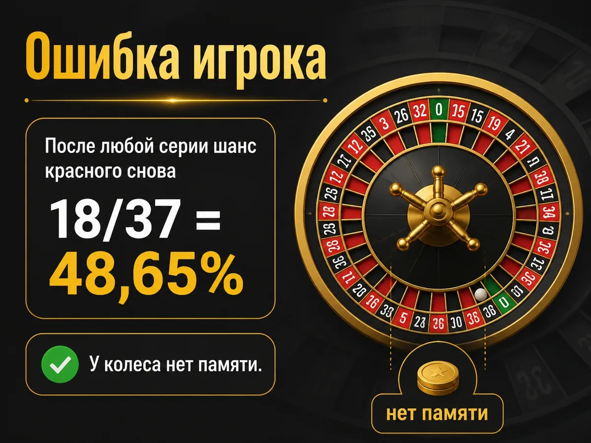 Схема «Ошибка игрока»: После любой серии шанс красного снова 18/37 = 48,65%. У колеса нет памяти