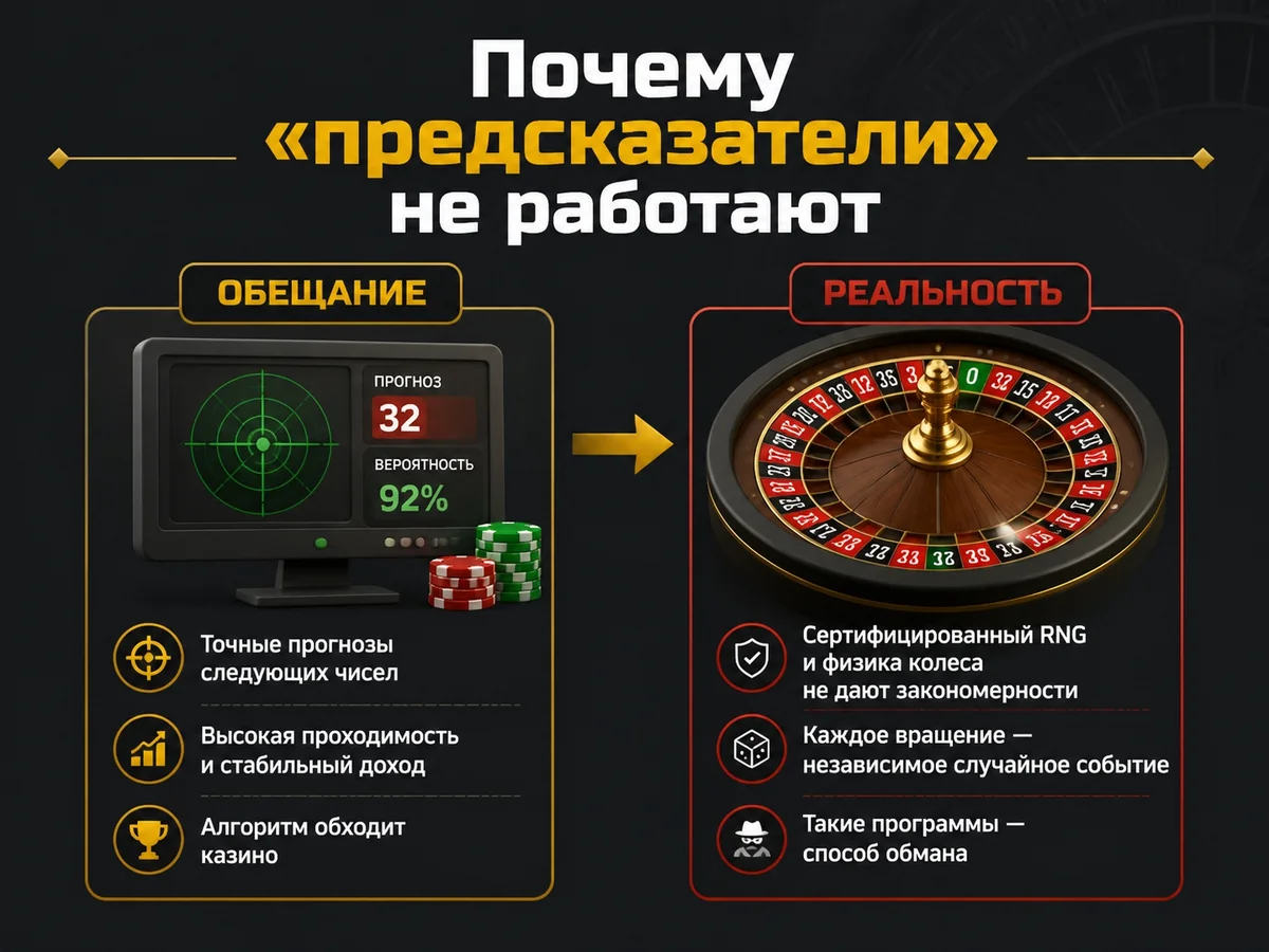Схема «Почему «предсказатели» не работают»: Сертифицированный RNG и физика колеса не дают закономерности