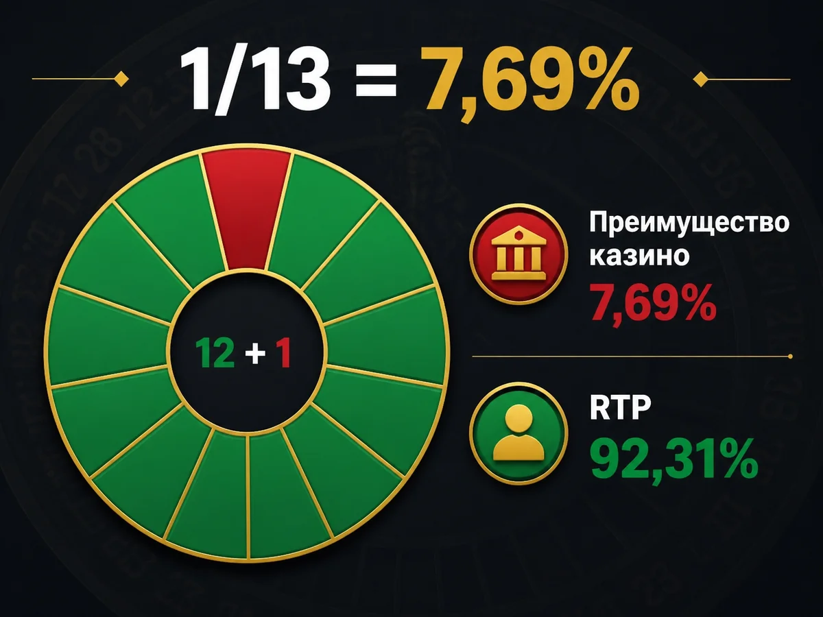 Схема «1/13 = 7,69%»: Преимущество казино 7,69%, RTP 92,31%