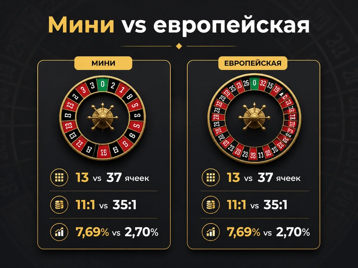 Схема «Мини vs европейская»: 13 vs 37 ячеек, 11:1 vs 35:1, 7,69% vs 2,70%