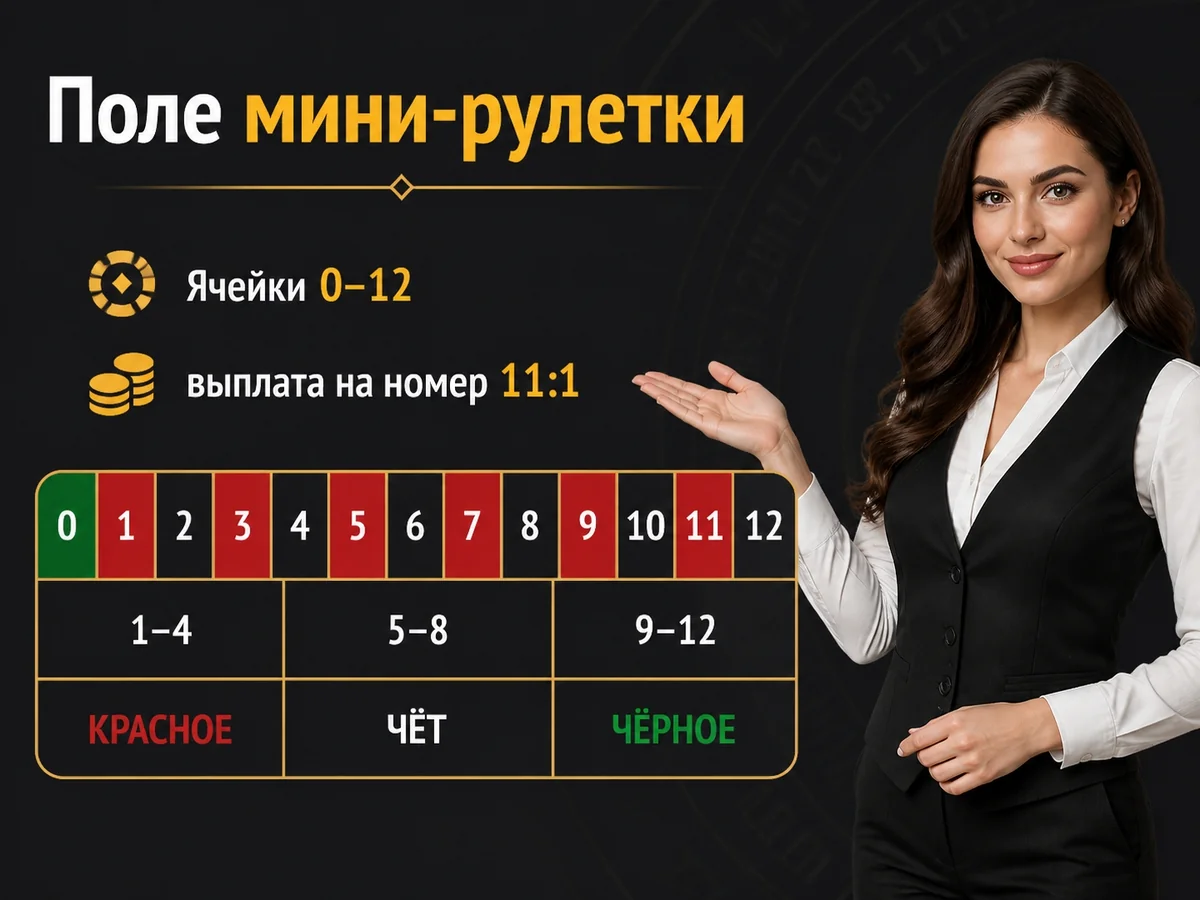 Схема «Поле мини-рулетки»: Ячейки 0–12, выплата на номер 11:1