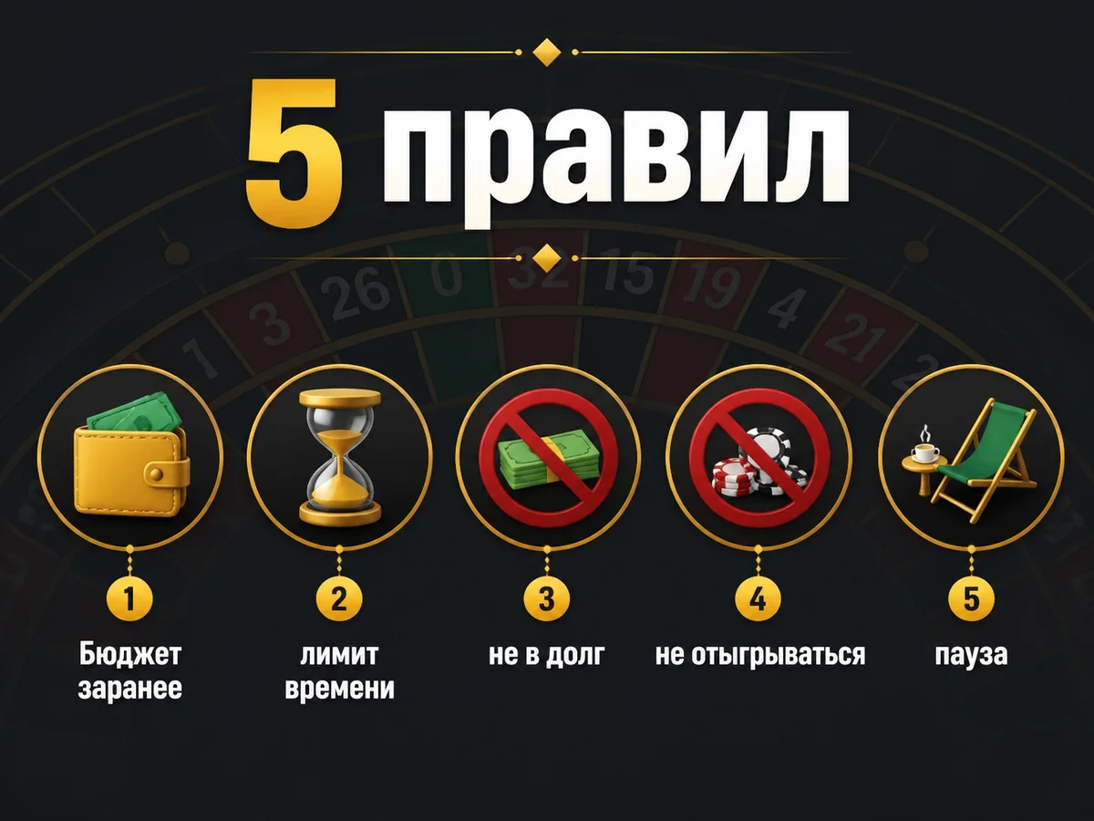 Схема «5 правил»: Бюджет заранее, лимит времени, не в долг, не отыгрываться, пауза