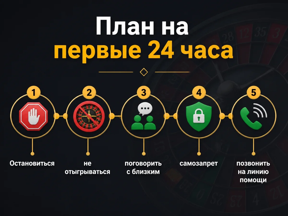 Схема «План на первые 24 часа»: Остановиться — не отыгрываться — поговорить с близким — самозапрет — позвонить на линию помощи