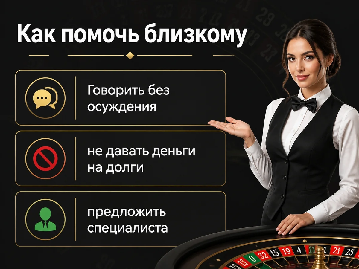 Схема «Как помочь близкому»: Говорить без осуждения, не давать деньги на долги, предложить специалиста