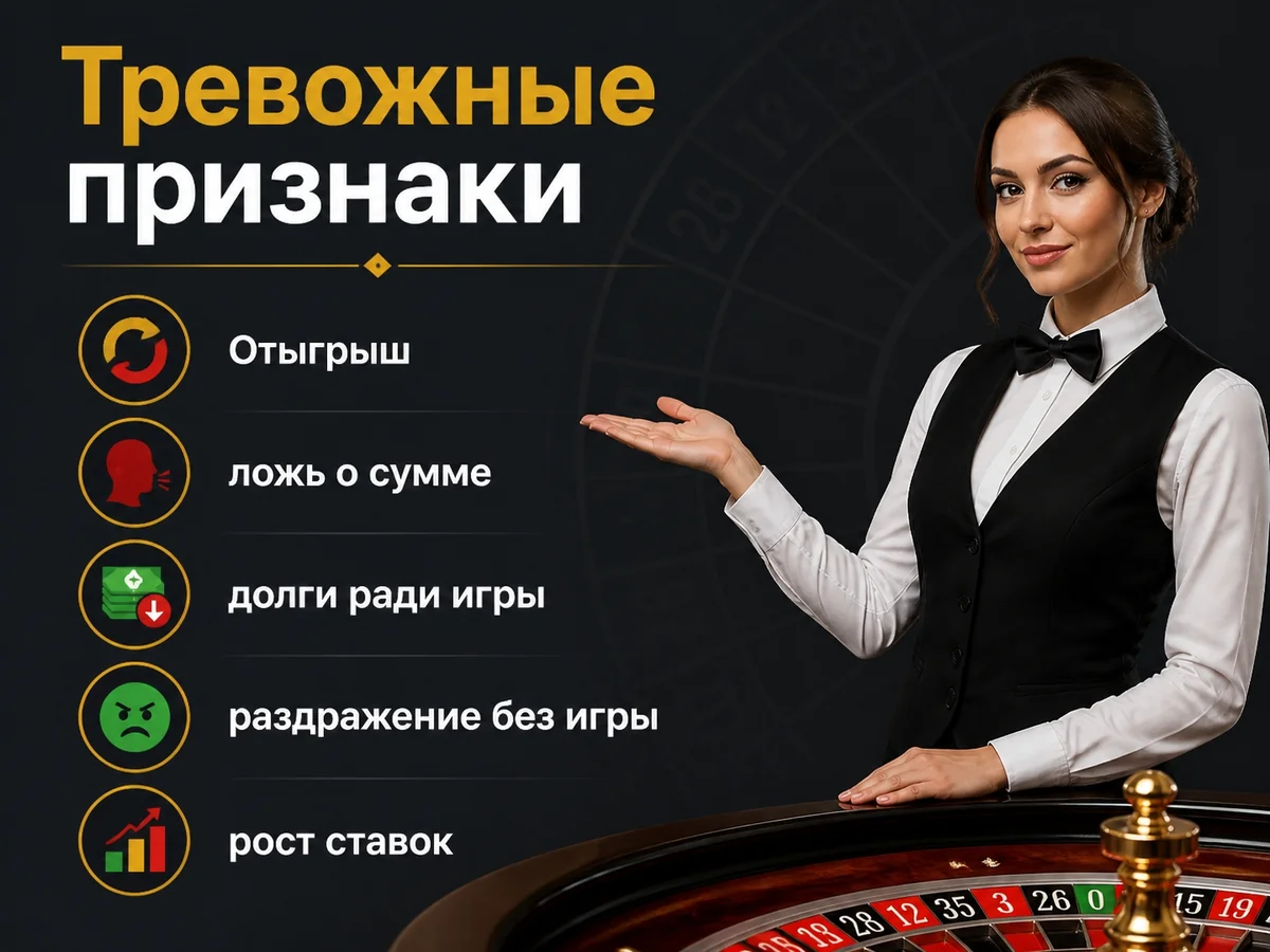 Схема «Тревожные признаки»: Отыгрыш, ложь о сумме, долги ради игры, раздражение без игры, рост ставок