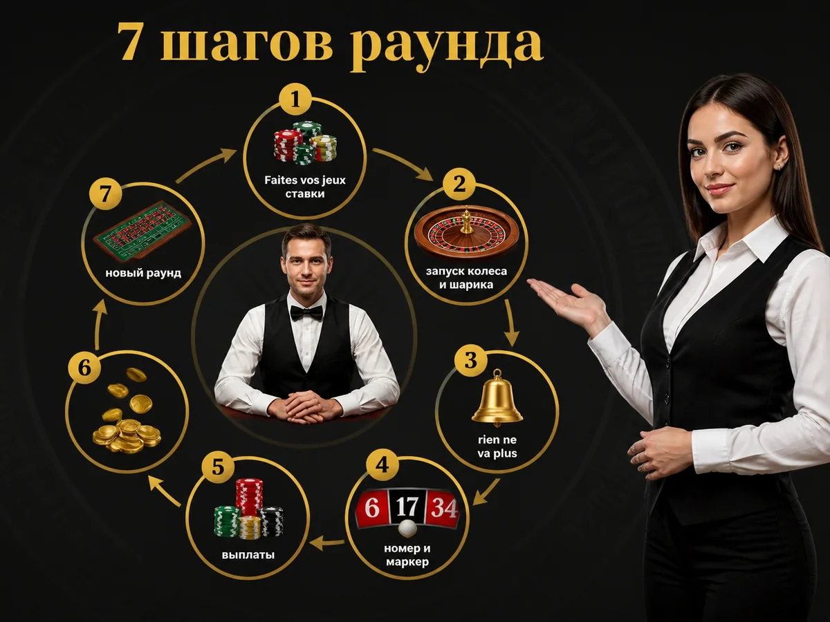 Схема «7 шагов раунда»: Faites vos jeux — ставки — запуск колеса и шарика — rien ne va plus — номер и маркер — выплаты — новый раунд